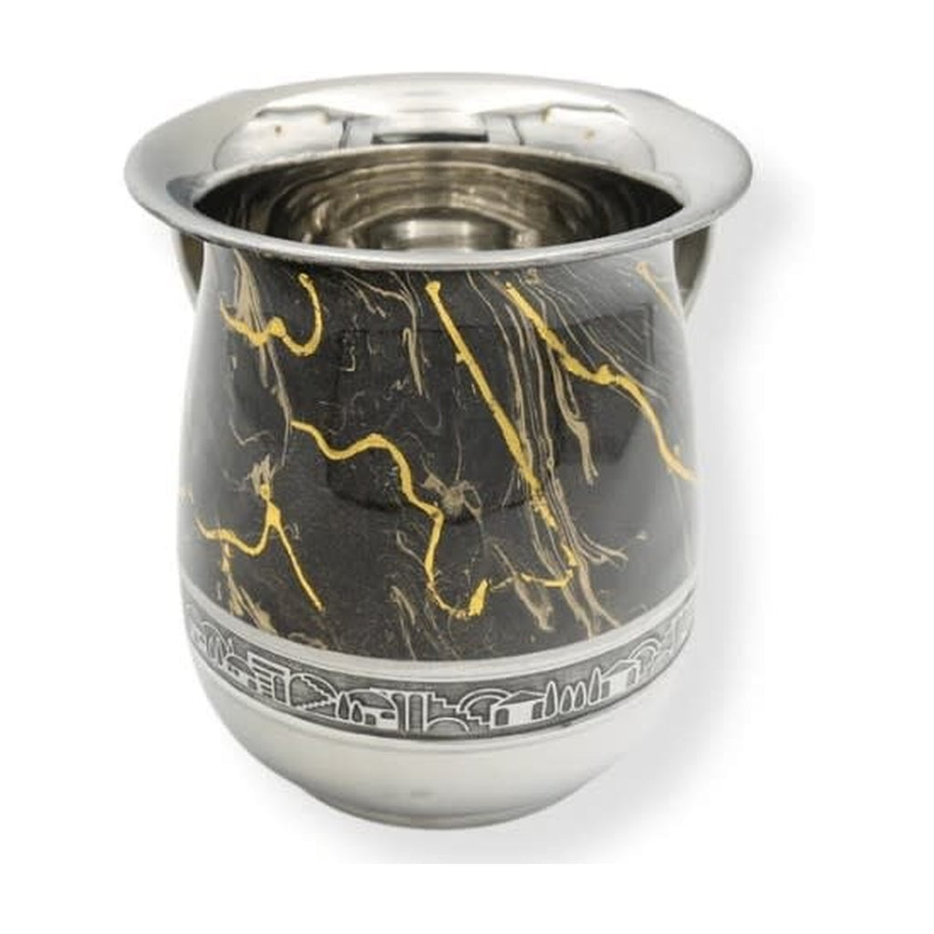Washing Cup, Stainless Steel, Black with Gold Veins, Silver Bottom with Jerusalem Trim