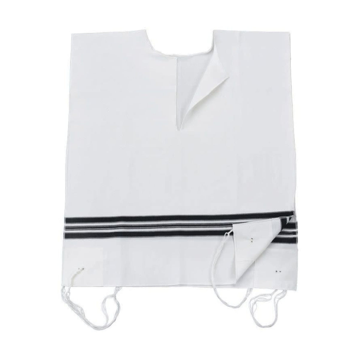 Wool Tzitzit / Arbah Kanfot, Black Stripes, V Neck 18 Ashkenazi Avodat Yad (Handmade) Thin Gauge