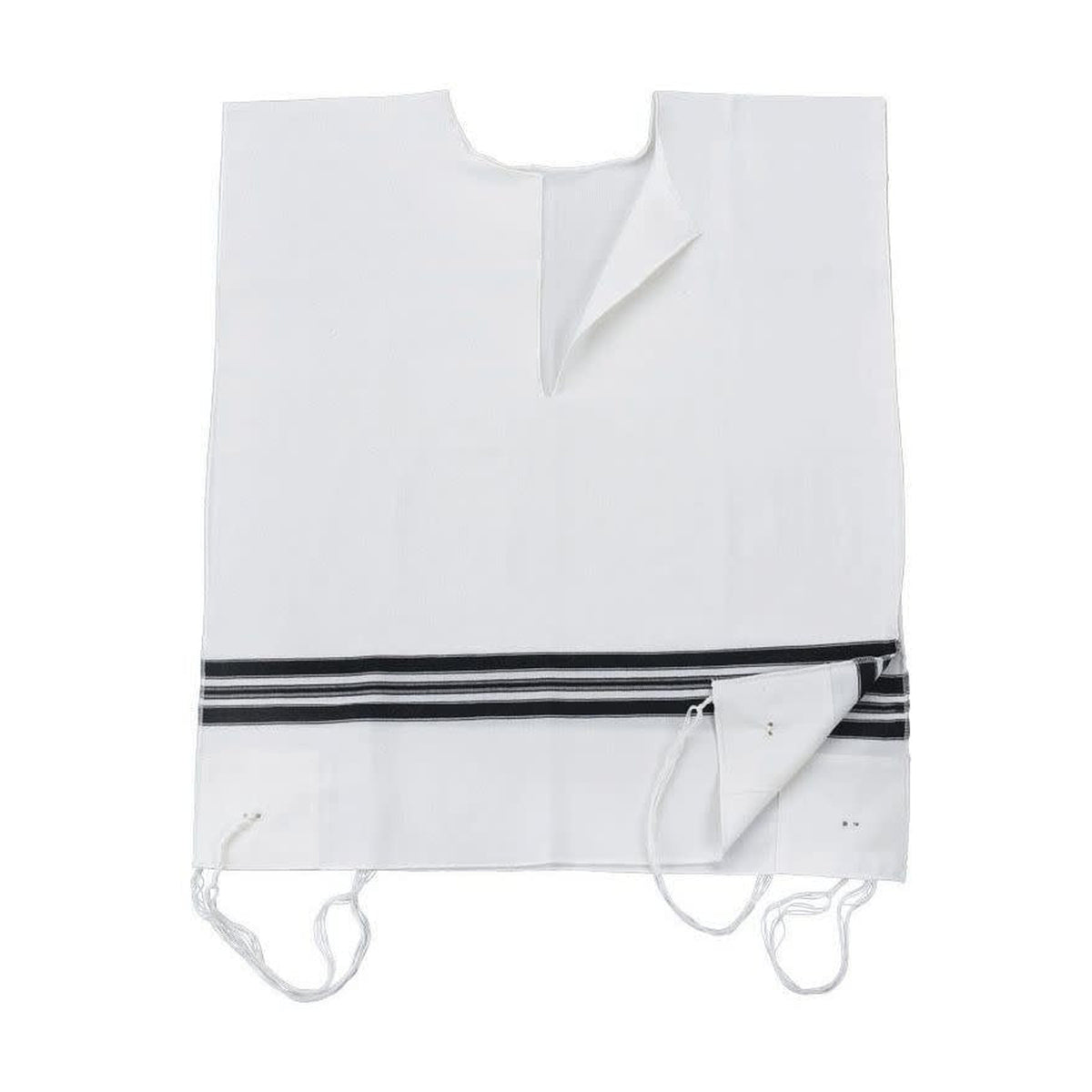 Wool Tzitzit / Arbah Kanfot, Black Stripes, V-Neck 26 Sephardi Avodat Yad (Handmade) Thin Gauge