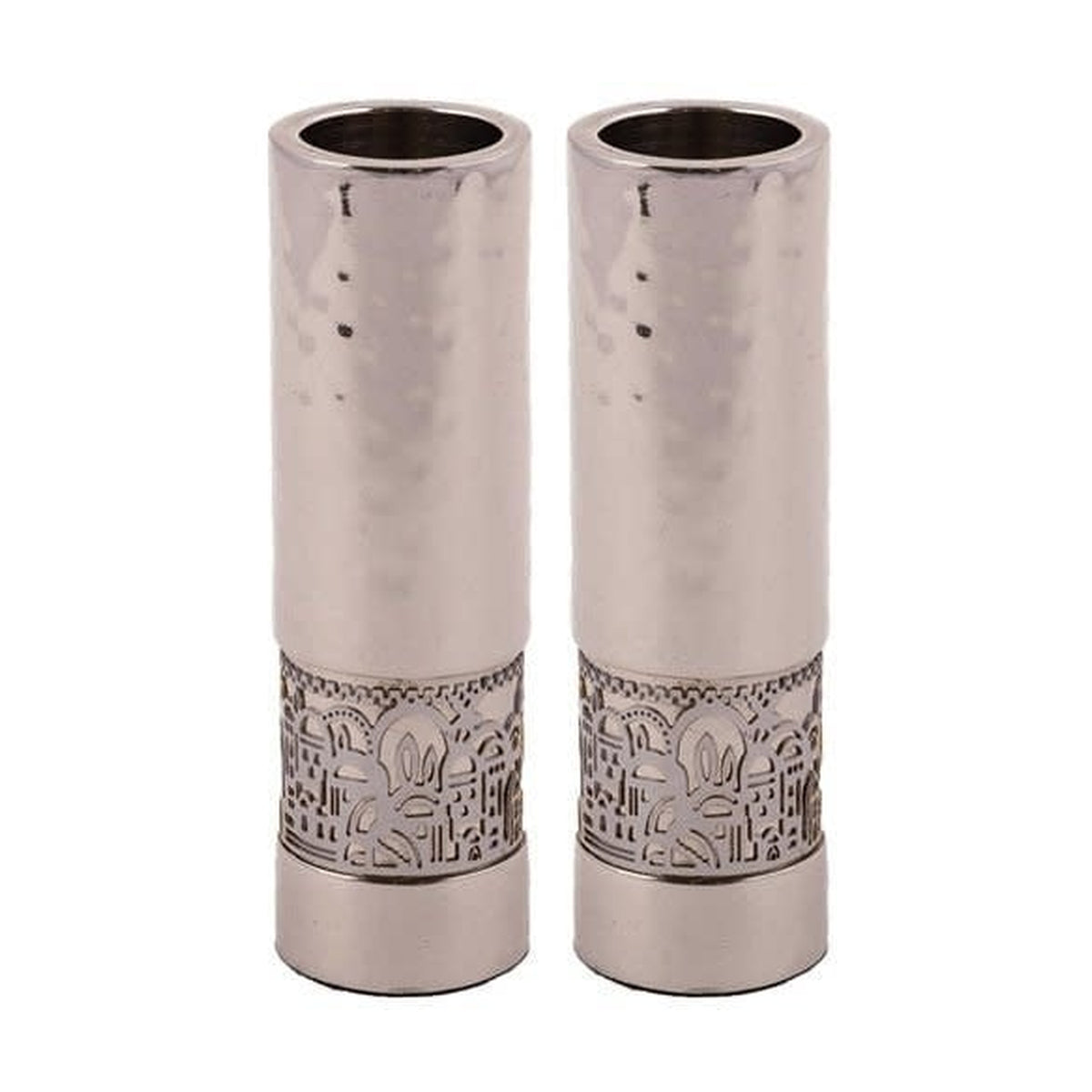 Emanuel Candlesticks with Metal Cutout Jerusalem - Hammerwork and Silver