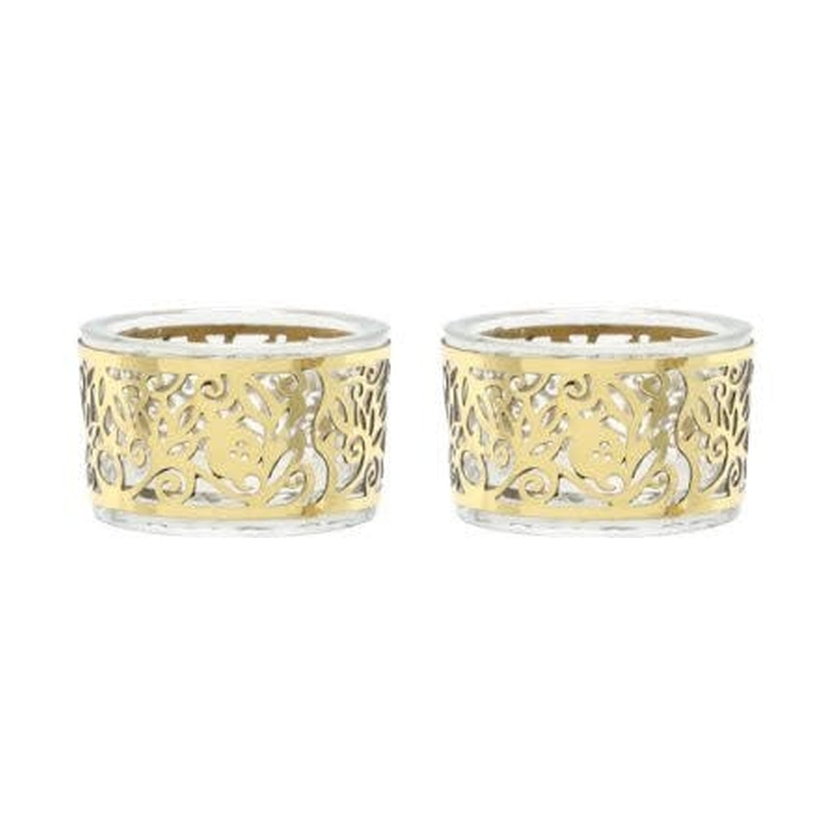 Emanuel Candlesticks - Set of Two - T-lite Holders - Glass - Metal Cutout - Pomegranates Gold