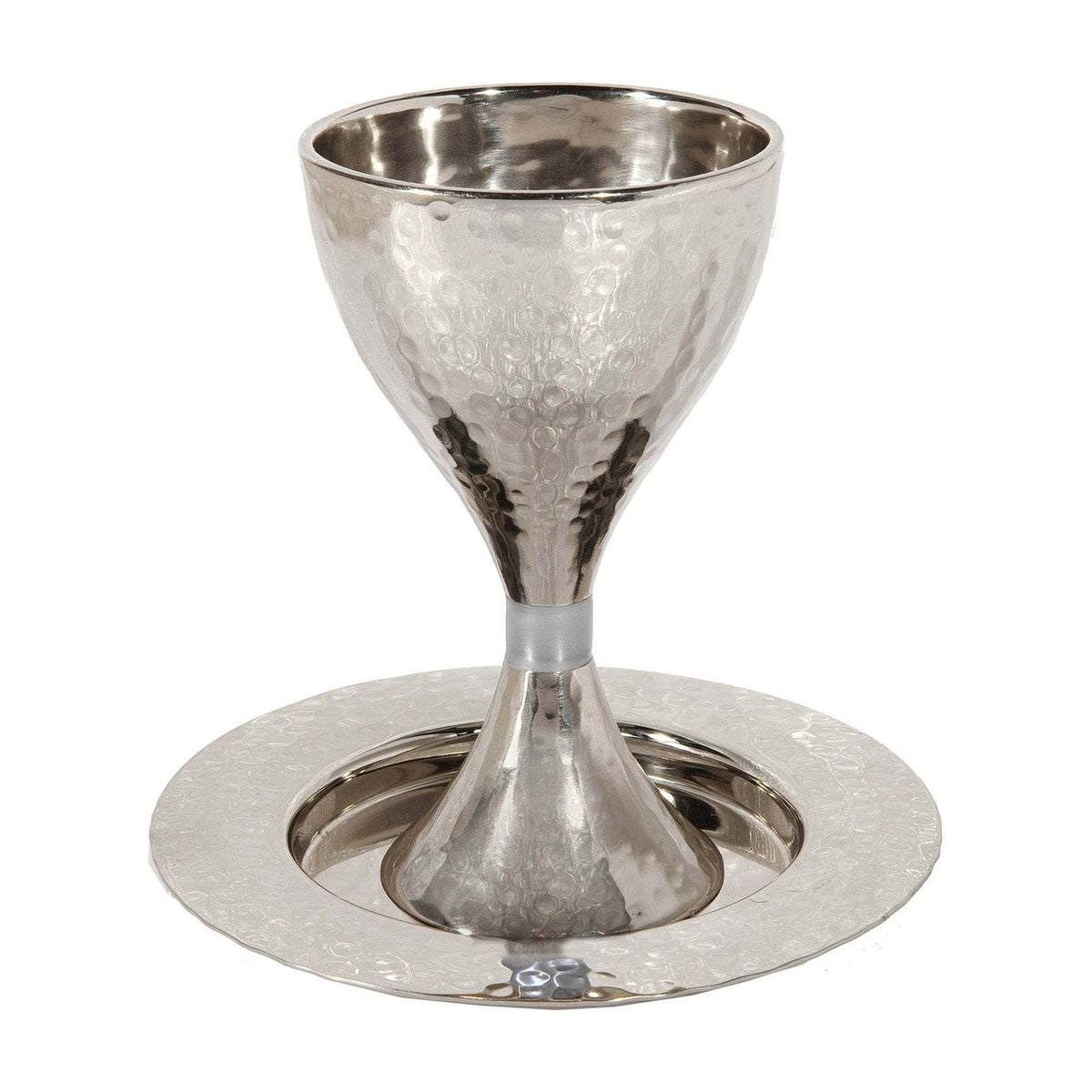 Emanuel Hammered Modern Kiddush Cup and Plate with Silver Ring