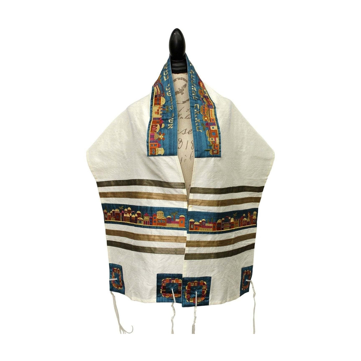 Emanuel Tallit - Cotton and Polyeseter With Silk Embroidery. Jerusalem Design
