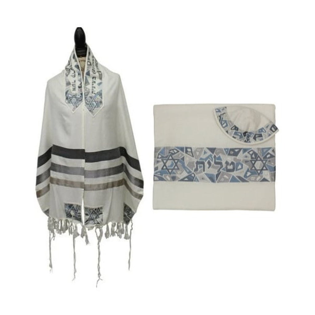 Emanuel Tallit - Cotton With Silk Embroidery. Gray Shield of (Magen) David.