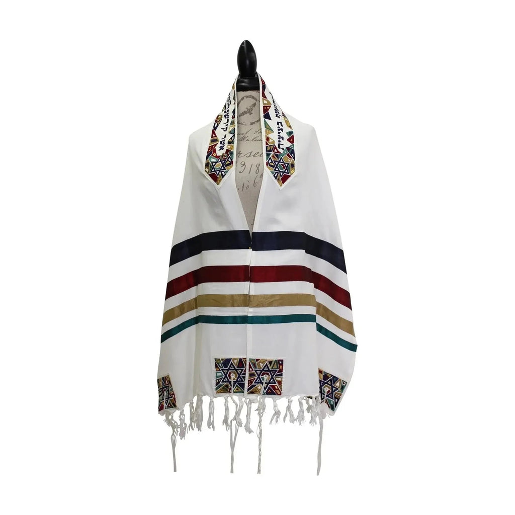 Emanuel  Tallit - Cotton With Silk Embroidery With Bag and Kippah. Multicolor Shield (Magen) David.