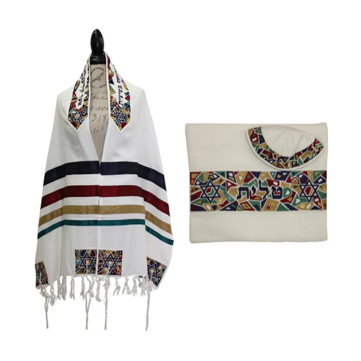 Emanuel  Tallit - Cotton With Silk Embroidery With Bag and Kippah. Multicolor Shield (Magen) David.