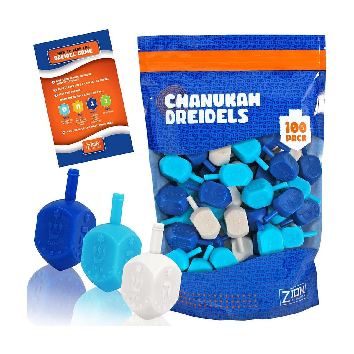 Medium Plastic Dreidels, Shades of Blue and White - Bulk Pack of 100pcs